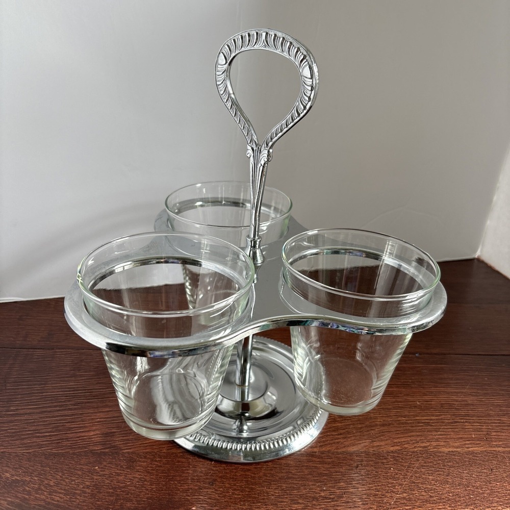 Vintage Irvinware Condiment Caddy Server Lazy Susan‎ Glass Chrome MCM Relish USA